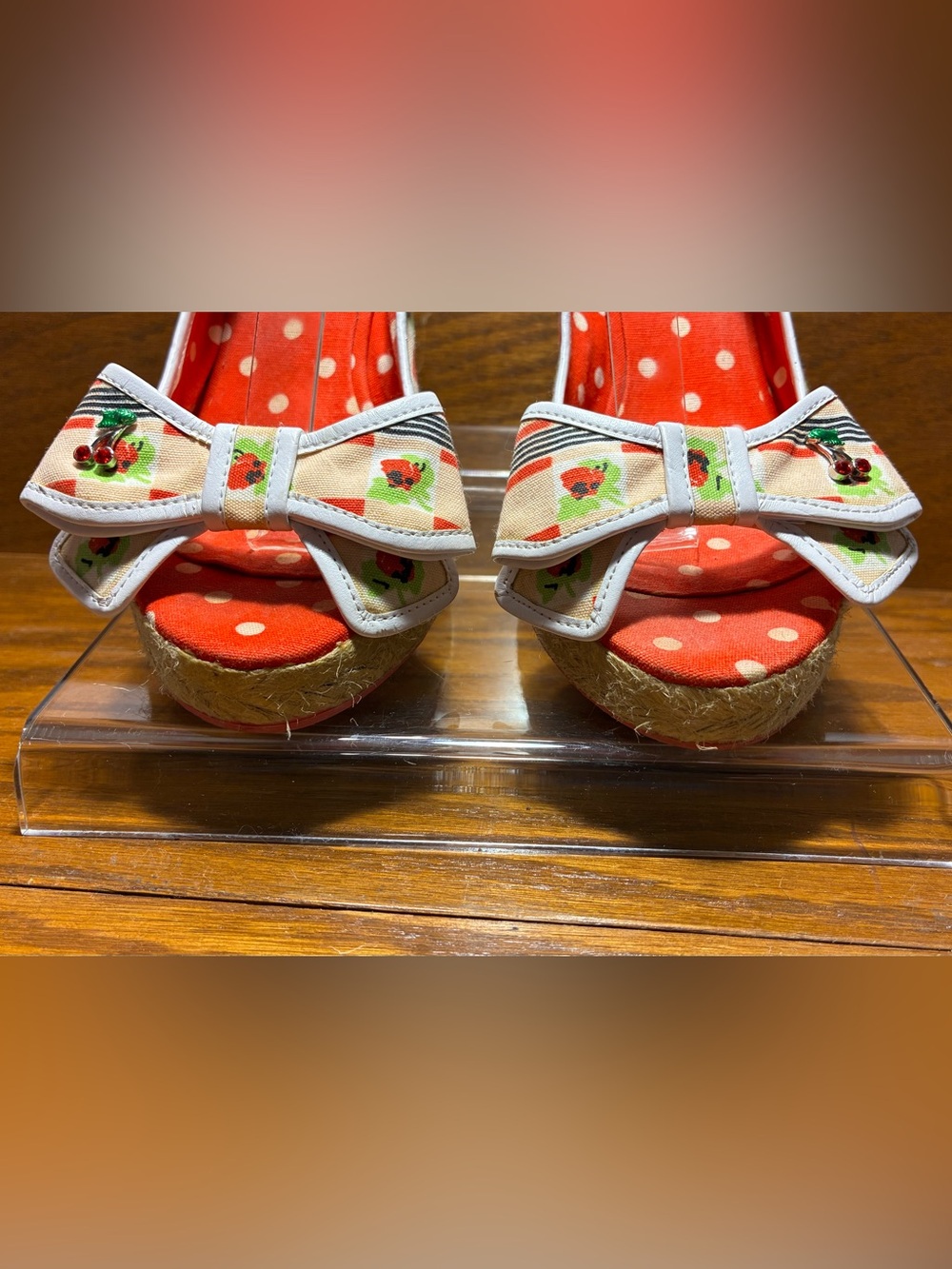 Y2K Vintage Betseyville Cherry Print Bow Slingback Espadrille Wedges Size 8.5 - Picture 6 of 13